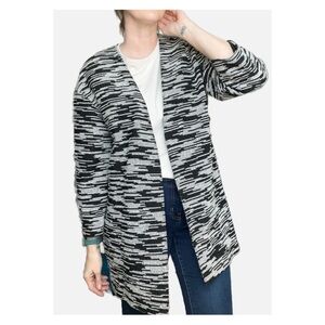 Jenni Kayne Open Front Knit Cotton Sweater Jacket Marled Black and White Small